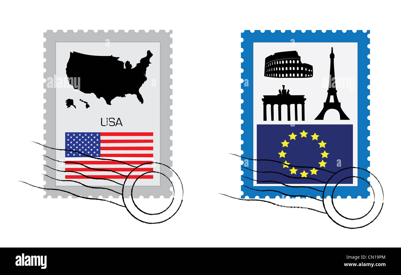 Set di varie timbro da USA e UE con il punto di riferimento principale. Foto Stock