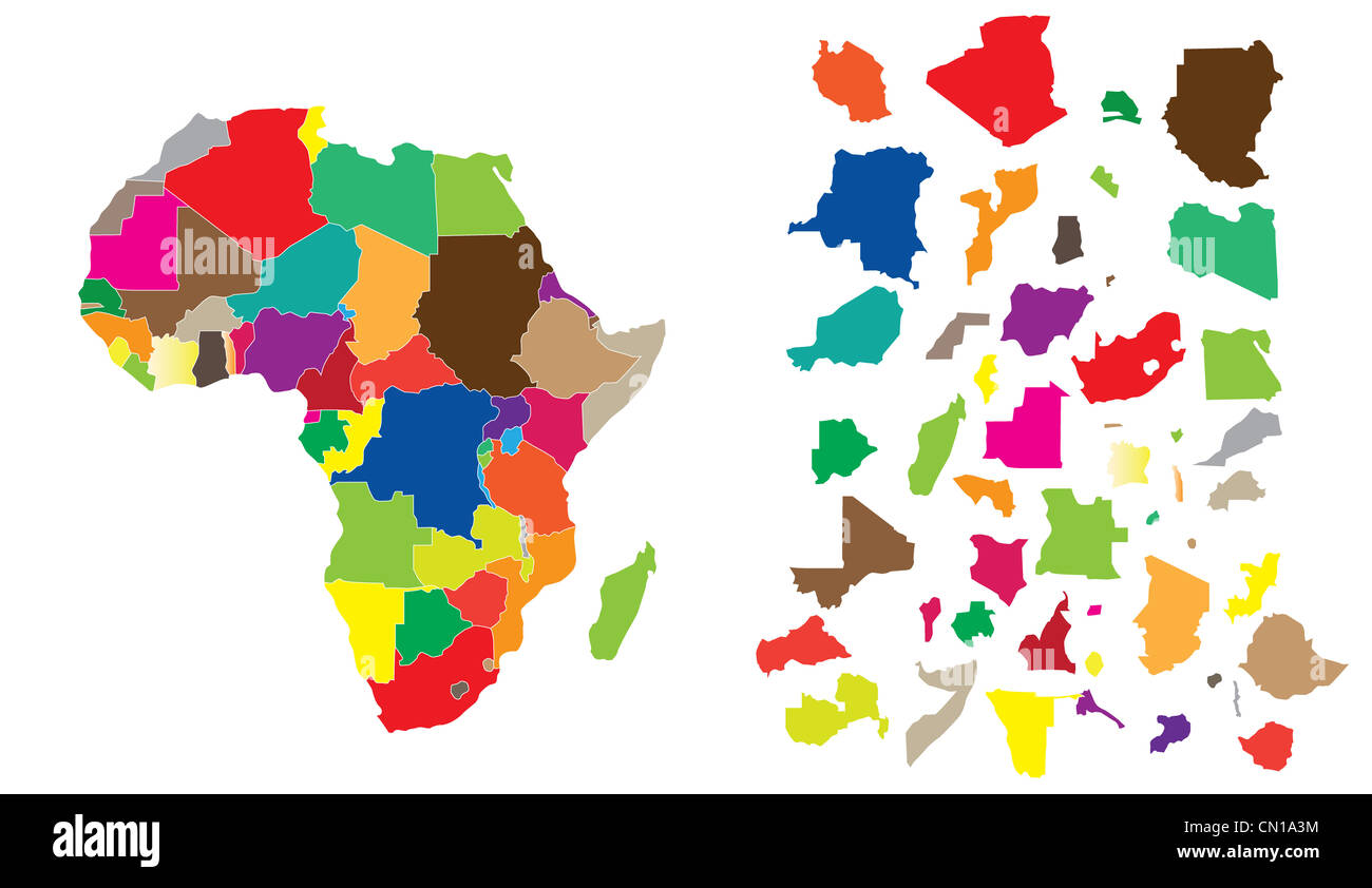 Illustrazione dettagliata della mappa a colori del continente africano con piccoli pezzi di ogni membri e fatta di puzzle. Foto Stock