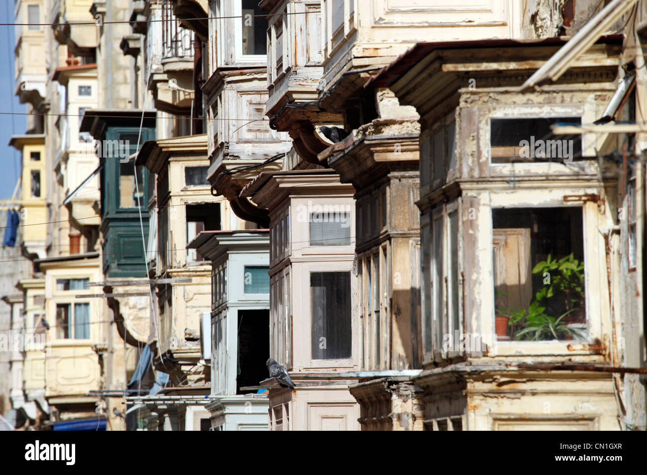 Windows e racchiuso coperto balconi in legno a La Valletta, Malta Foto Stock