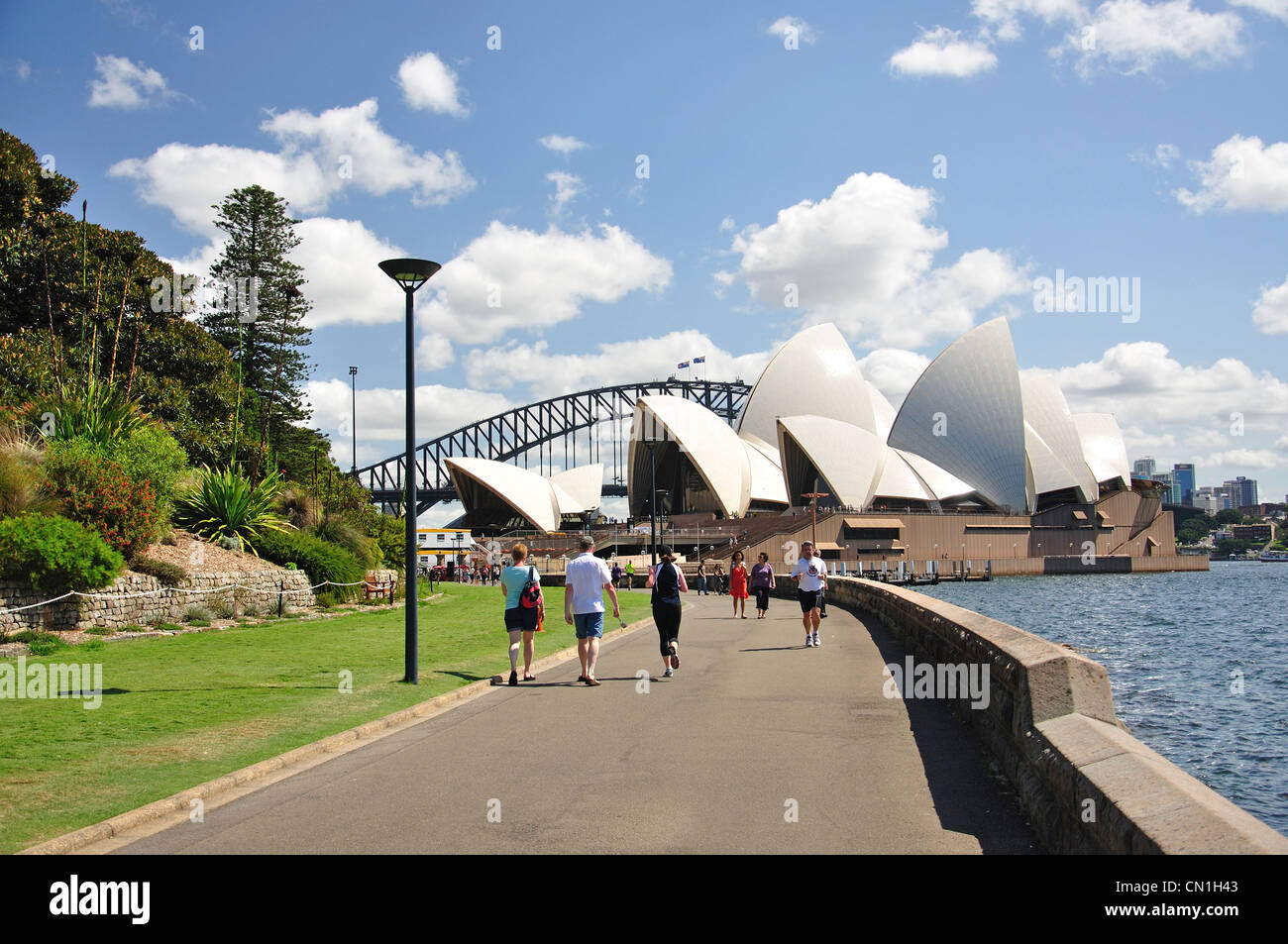 La Sydney Opera House e dal Royal Botanic Gardens, Farm Cove, Sydney, Nuovo Galles del Sud, Australia Foto Stock