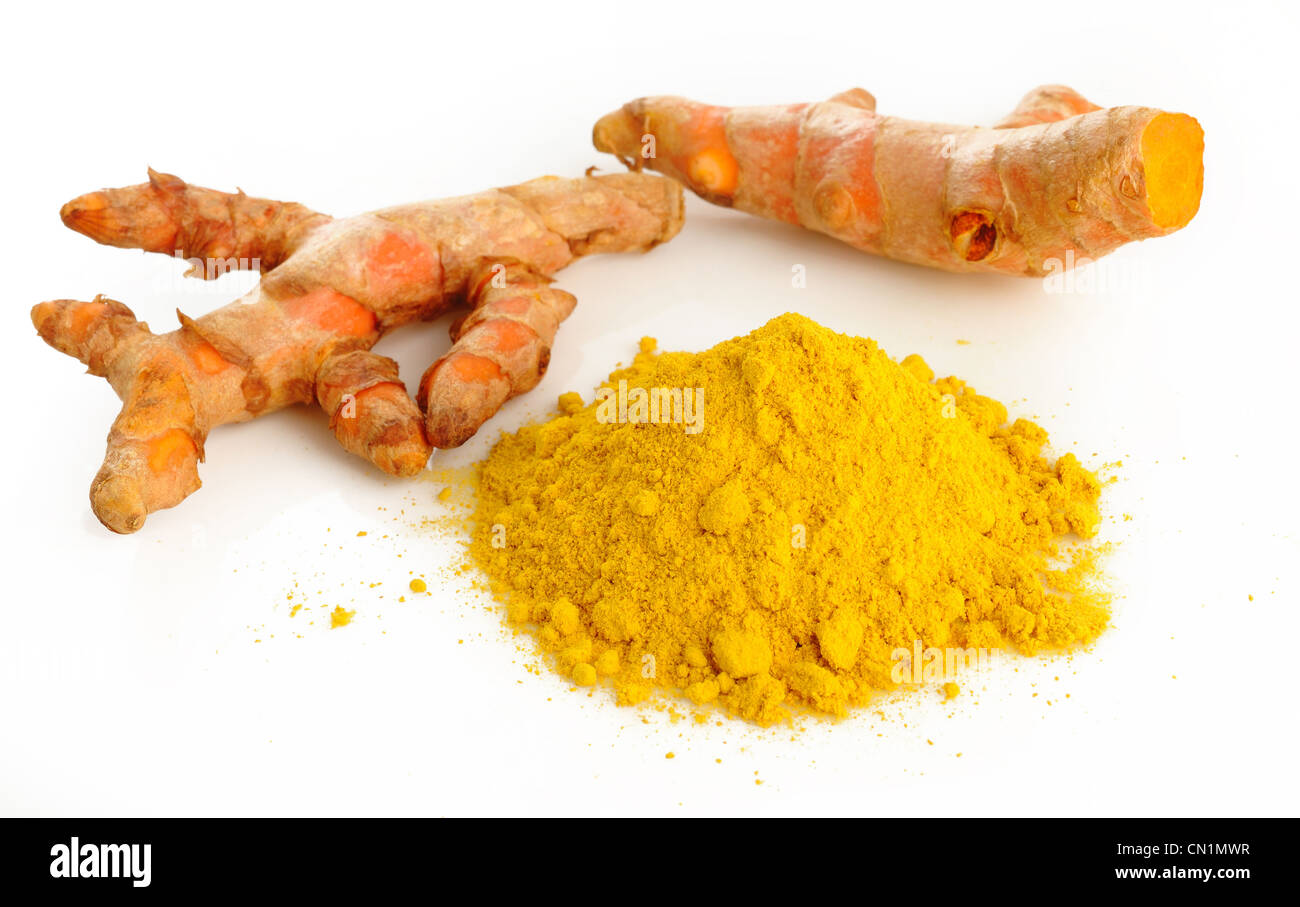 Curcuma radice polvere e Foto Stock