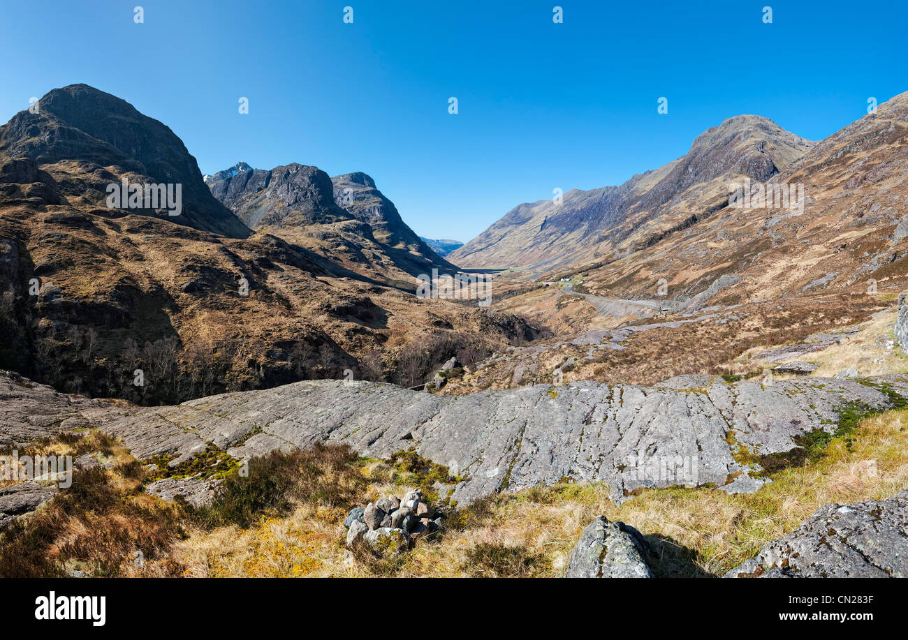 Highland scozzesi paesaggio Glen Coe le Tre Sorelle Foto Stock