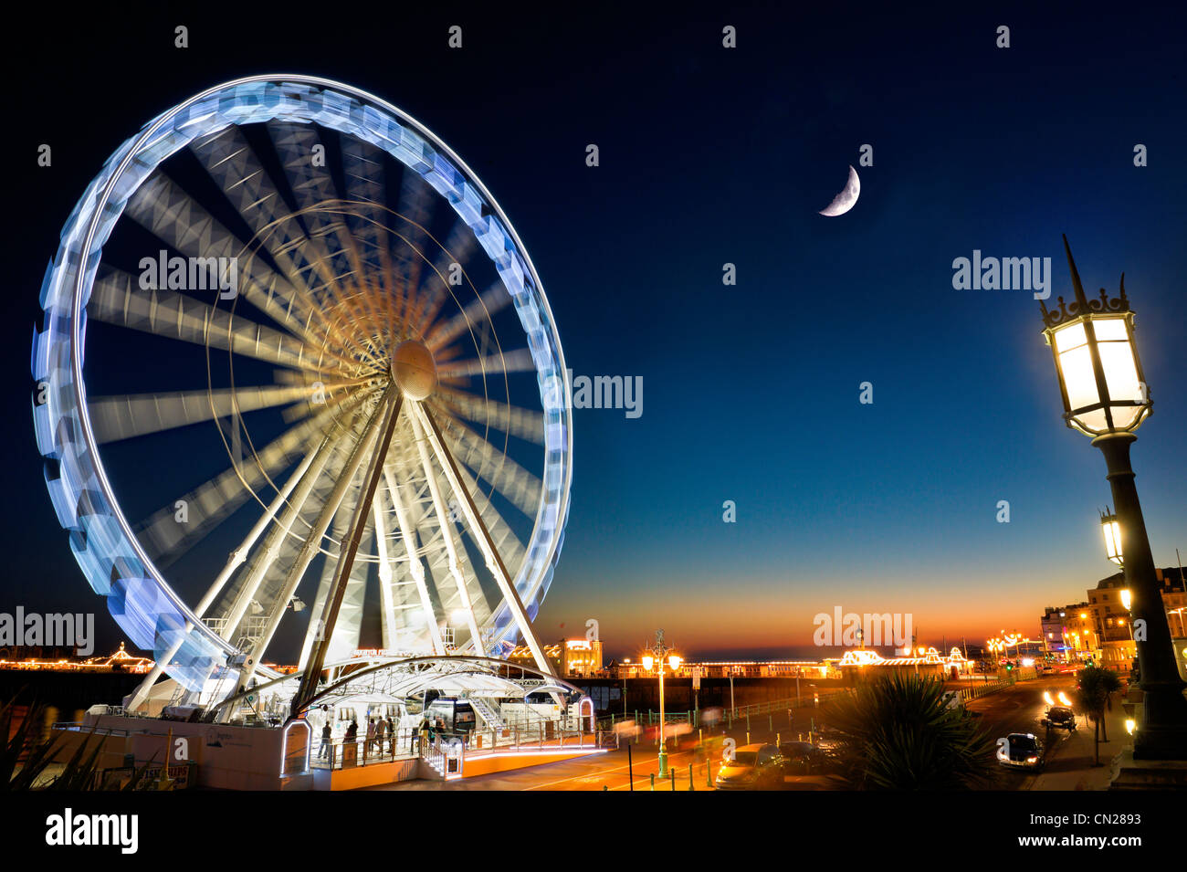 Brighton ruota,lungomare,Pier,tramonto.East Sussex,Inghilterra.UK Foto Stock