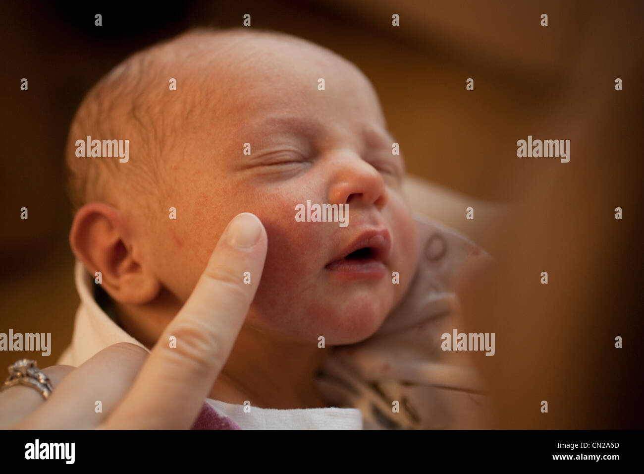 Madre di toccare neonato ragazzo del viso con un dito Foto Stock