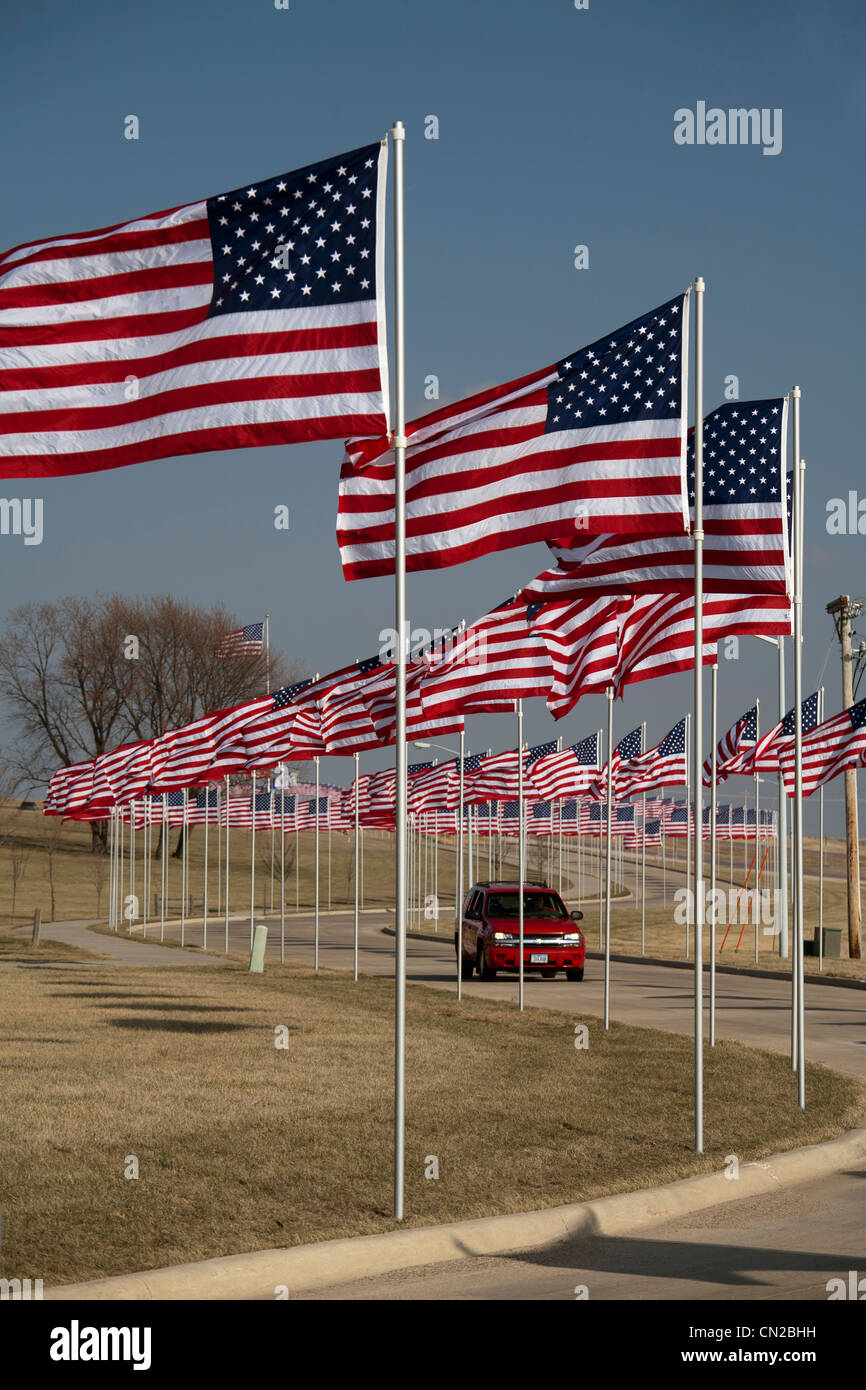 Bandierine americane visualizzati per onorare i veterani militari nelle zone rurali Iowa Foto Stock