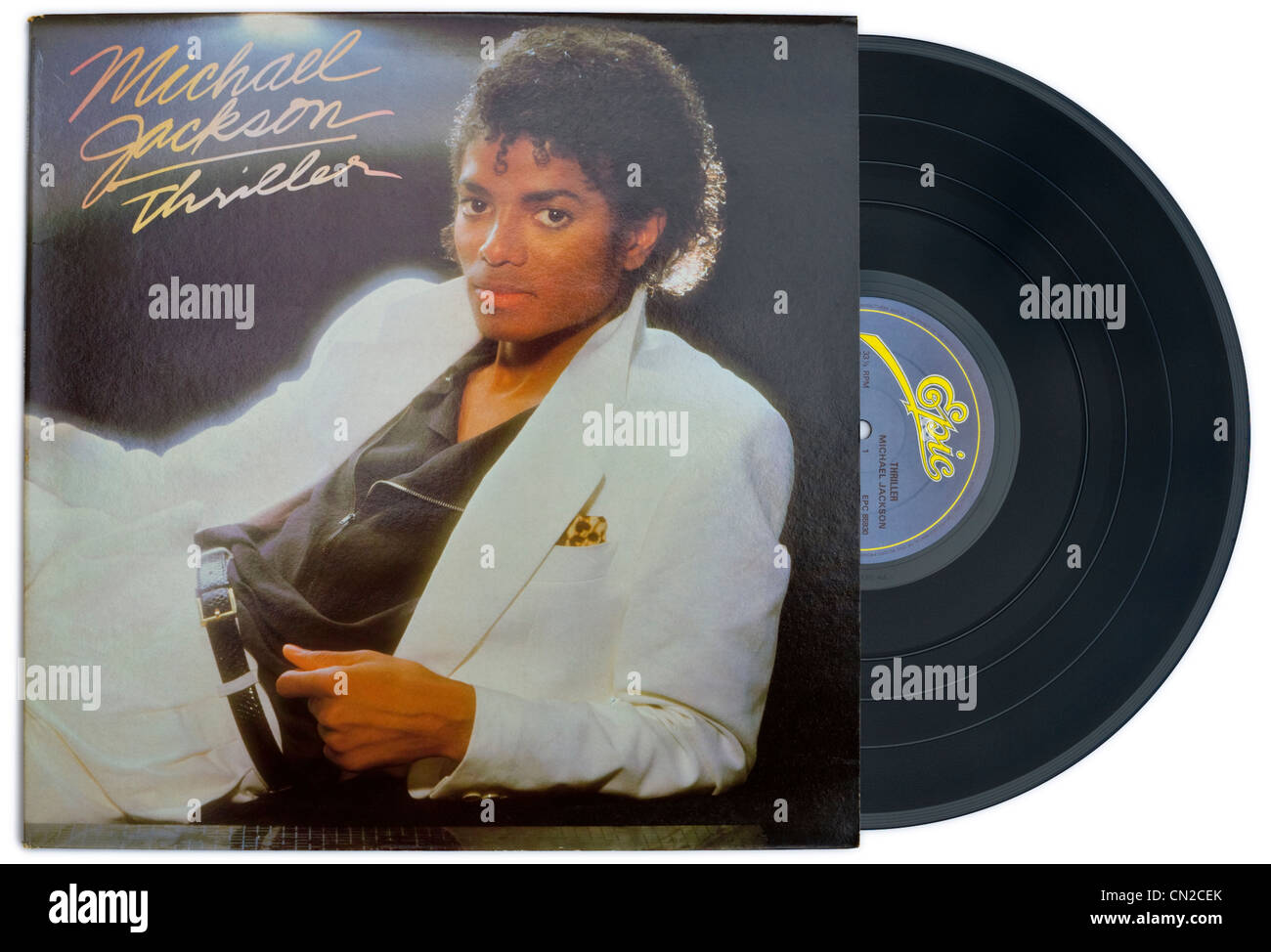 MICHAEL JACKSON classico album in vinile e coperchio thriller rilasciato 1982 su Epic Records etichetta Foto Stock