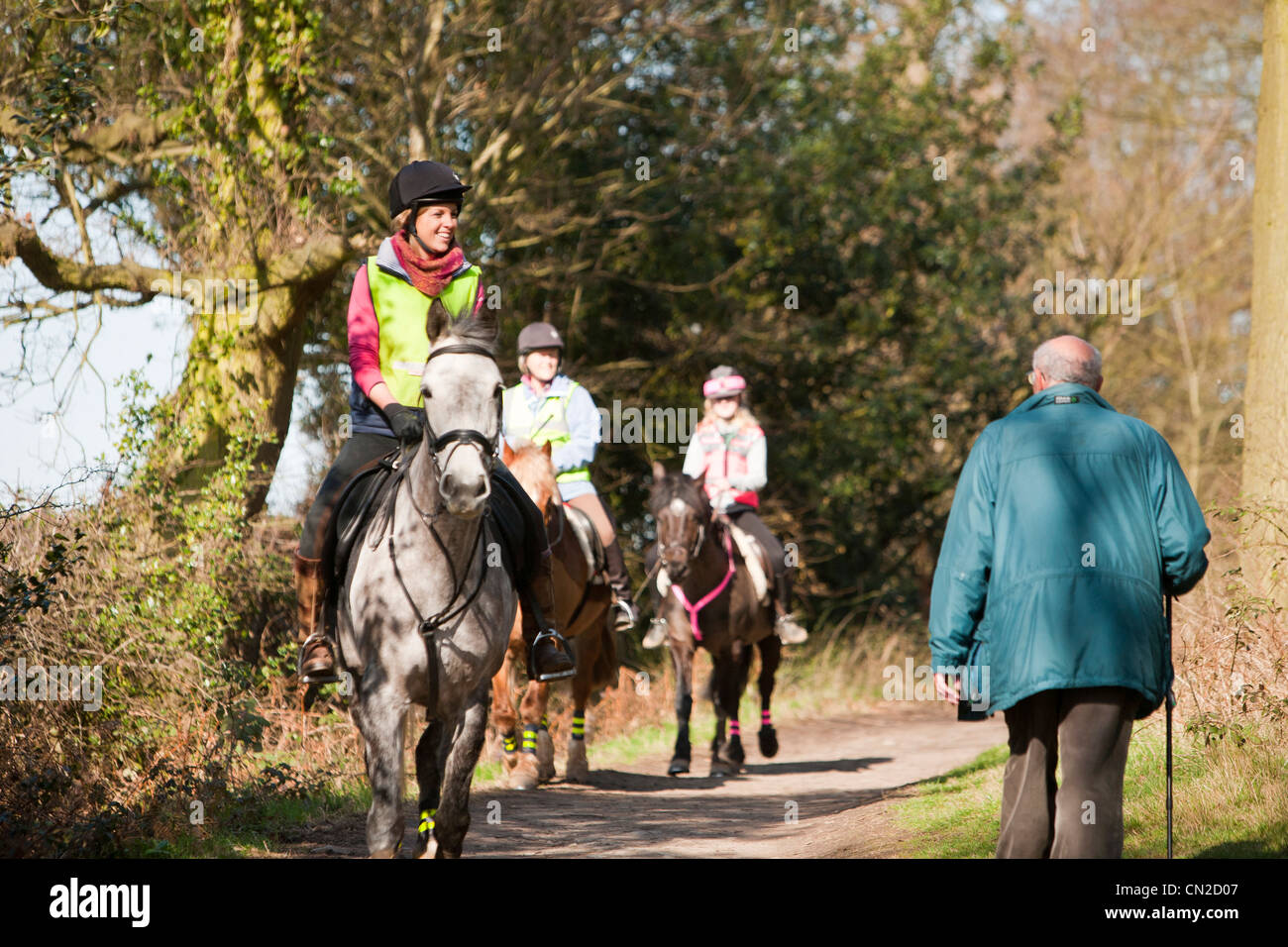 Trekking a cavallo e a piedi vicino a Paisley in Leicestershire, Regno Unito. Foto Stock
