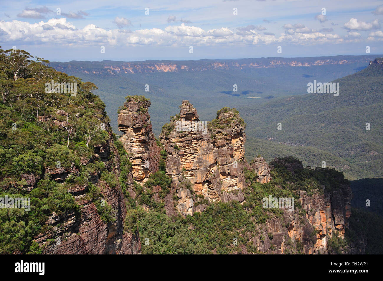 "Le tre sorelle" da Echo Point Lookout, La Jamison Valley, Blue Mountains, Nuovo Galles del Sud, Australia Foto Stock