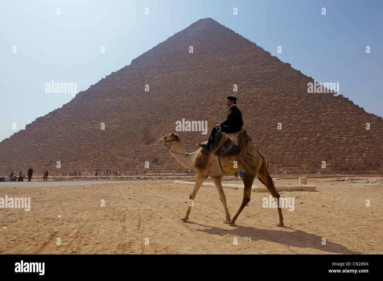 Un poliziotto di pattuglia sul cammello presso le Piramidi di Giza Cairo Foto Stock
