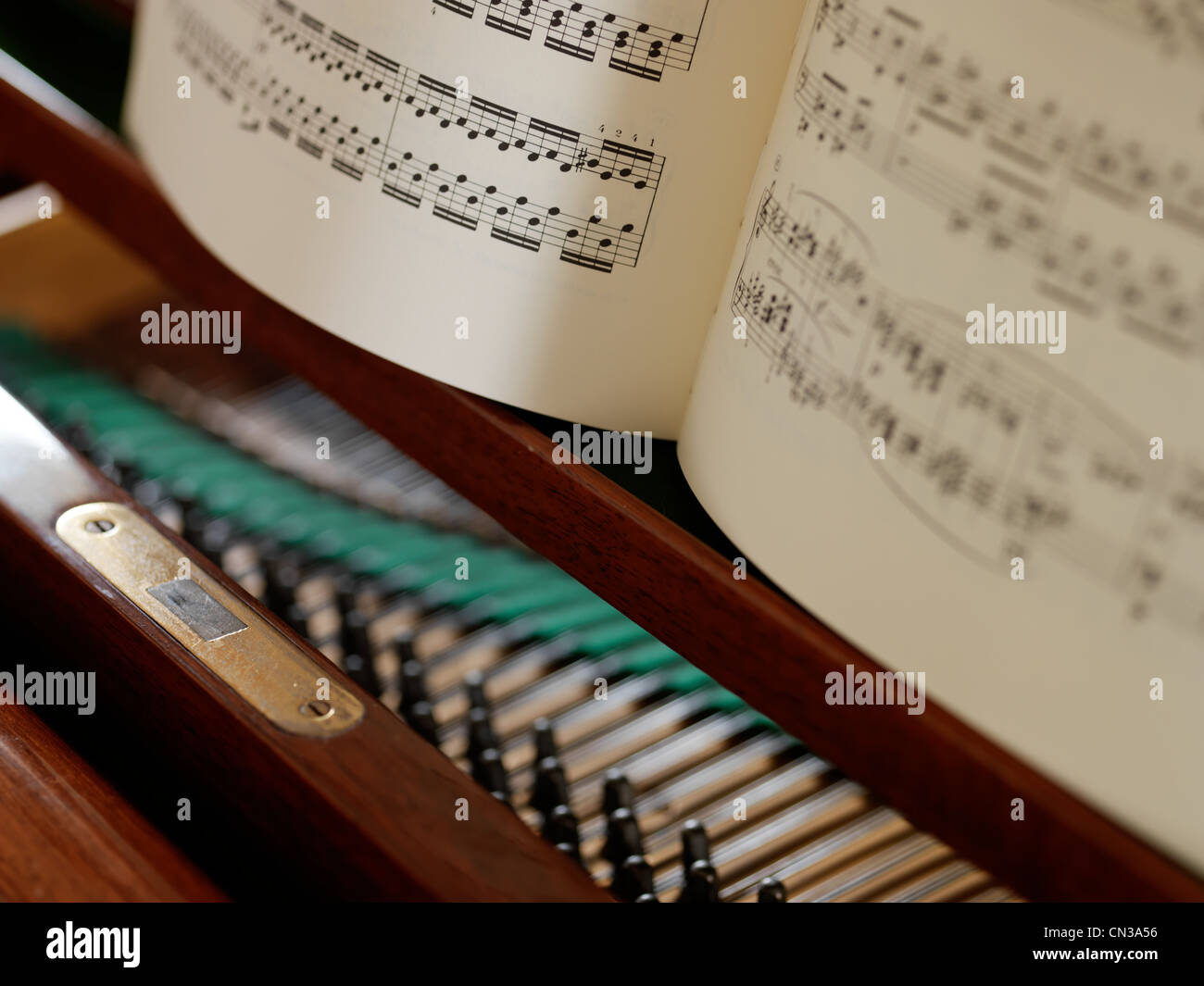 Foglio di musica e pianoforte stringhe, close up Foto Stock