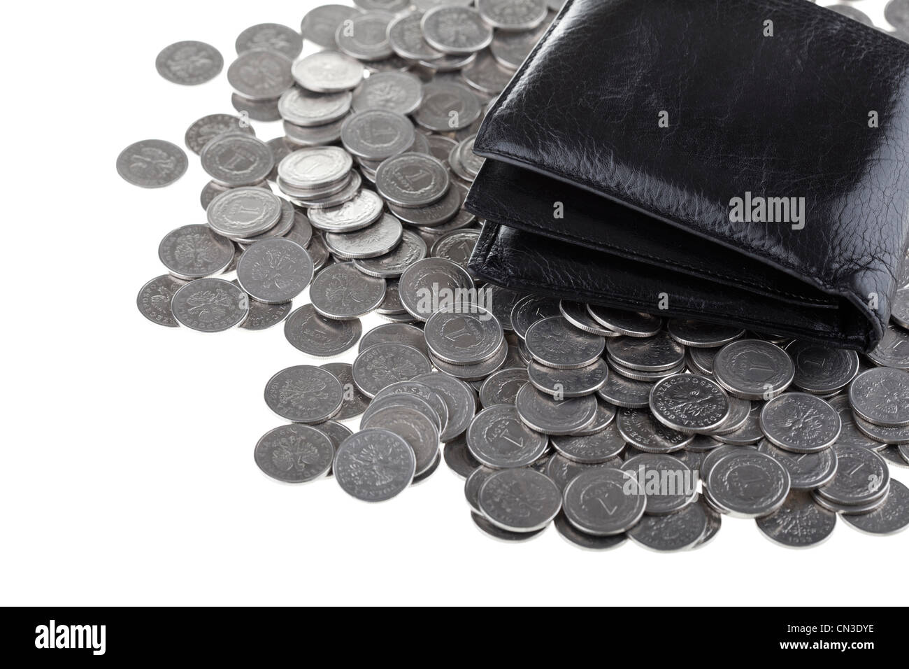 Portafoglio nero posa su uno zloty polacco monete dello sfondo. Il denaro e il concetto di risparmio. Foto Stock