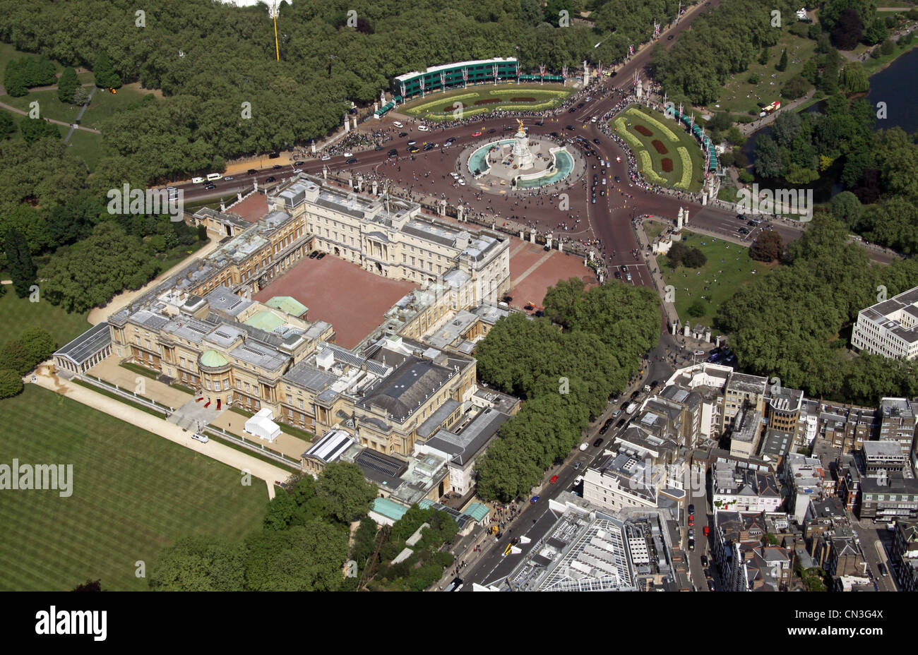 Vista aerea di Buckingham Palace, la residenza della Regina, Londra, Regno Unito Foto Stock