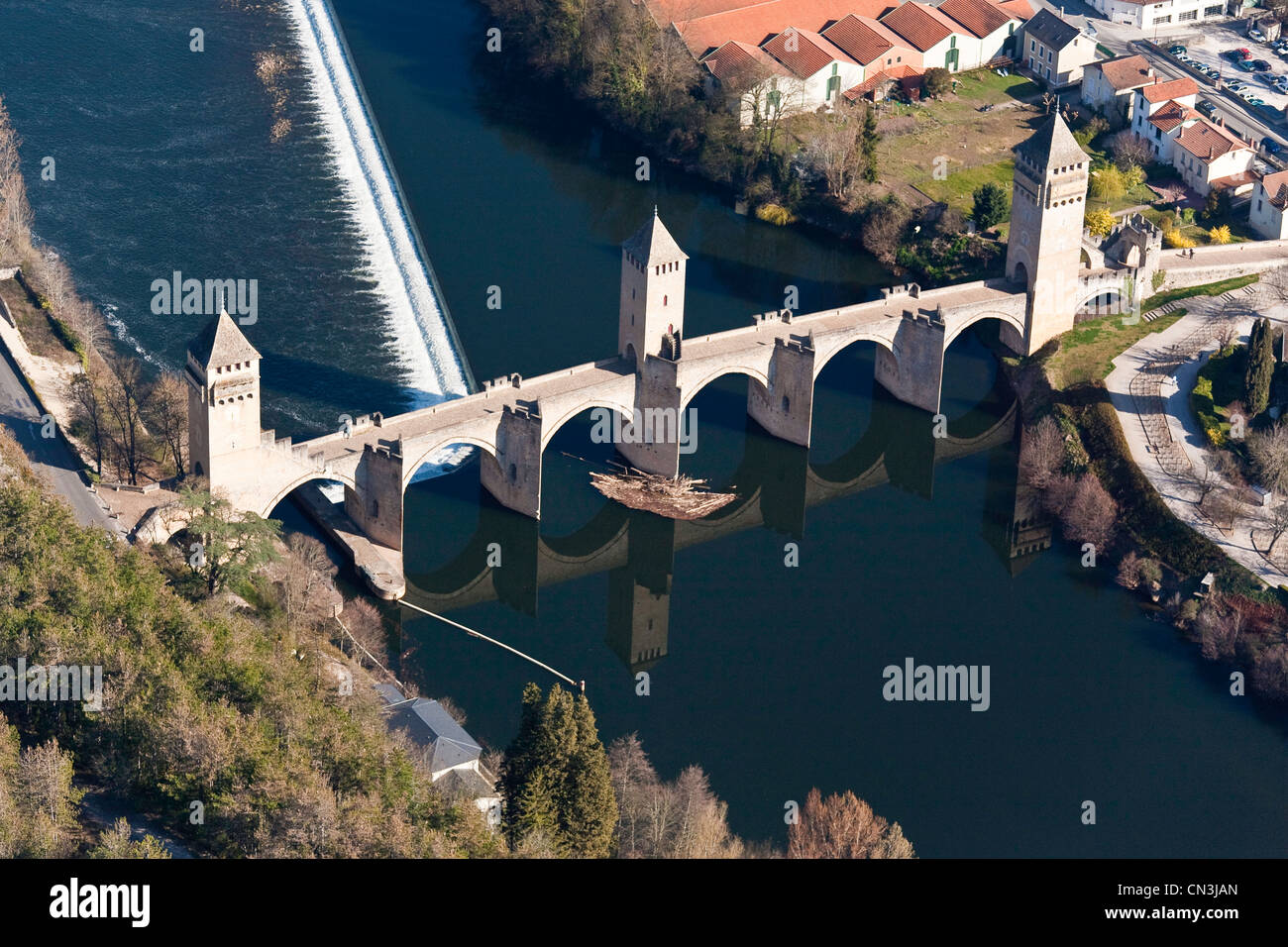 Francia, Lot, Cahors, passo sul Chemin de St Jacques de Compostela, ponte Valentre elencati come patrimonio mondiale dall' UNESCO (antenna Foto Stock