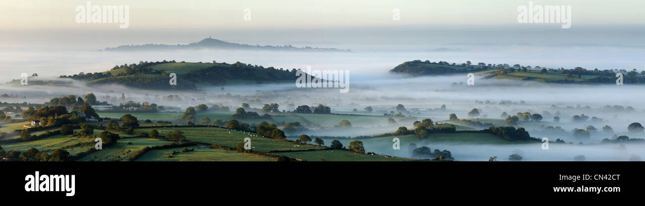 Il Somerset livelli avvolta nella nebbia su una mattina di autunno. Glastonbury Tor è chiaramente visibile all'orizzonte. Foto Stock