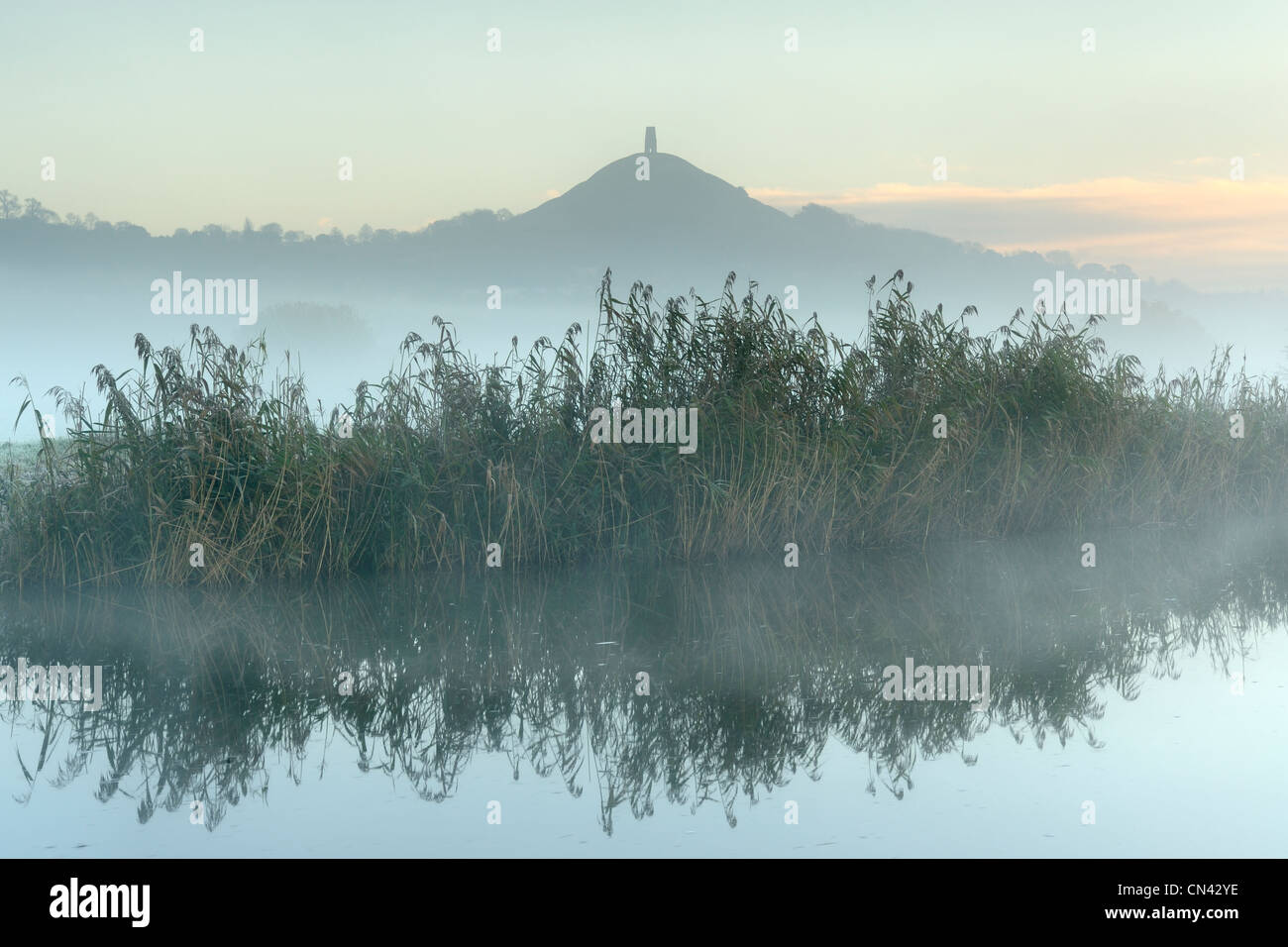 Glastonbury Tor sollevandosi al di sopra di congelamento di velatura su un inverno mattina sui livelli di Somerset. Foto Stock