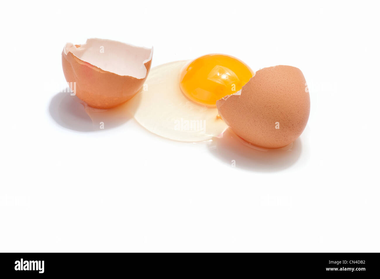 Un pollo crudo uovo con un guscio rotto Foto Stock