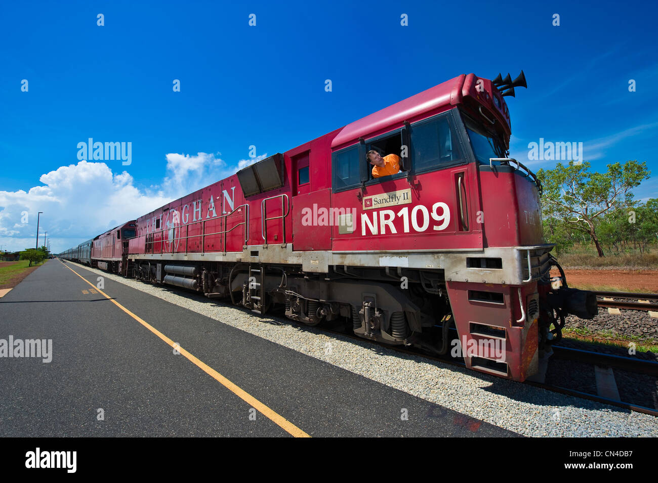 Australia, Territorio del Nord, Katherine, dalla stazione ferroviaria, il treno Ghan, il treno denominato dal cammello piloti provenienti da Afghanisthan quali Foto Stock