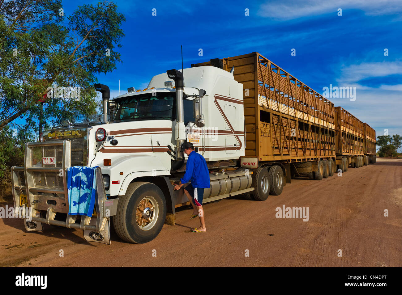 Australia, Territorio del Nord, Simpson Desert, nei pressi di Alice Springs, Lyle Rawkin e il suo treno di circolazione su strada Foto Stock