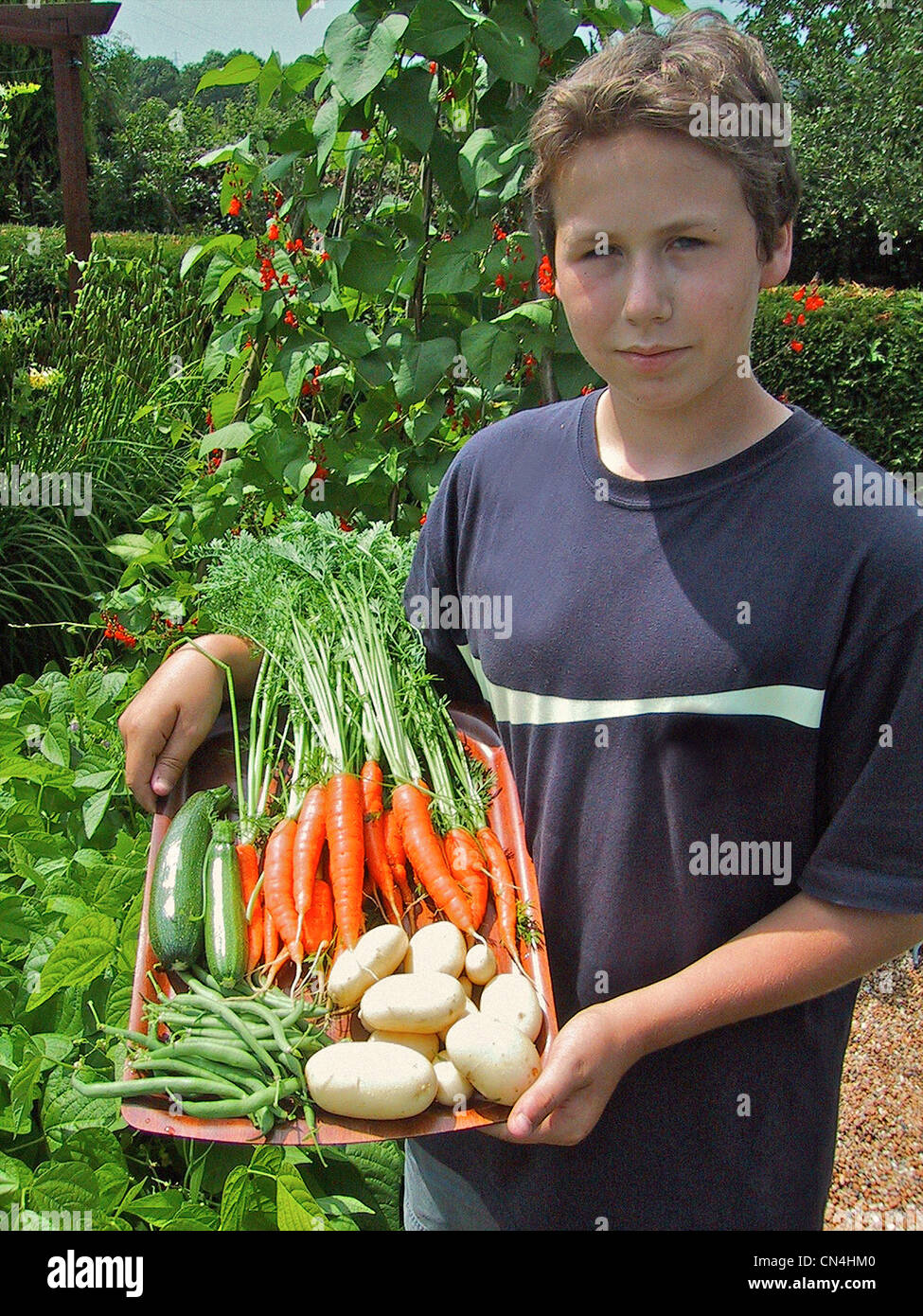 Bambino con verdure che ha coltivato nel suo giardino. Foto Stock