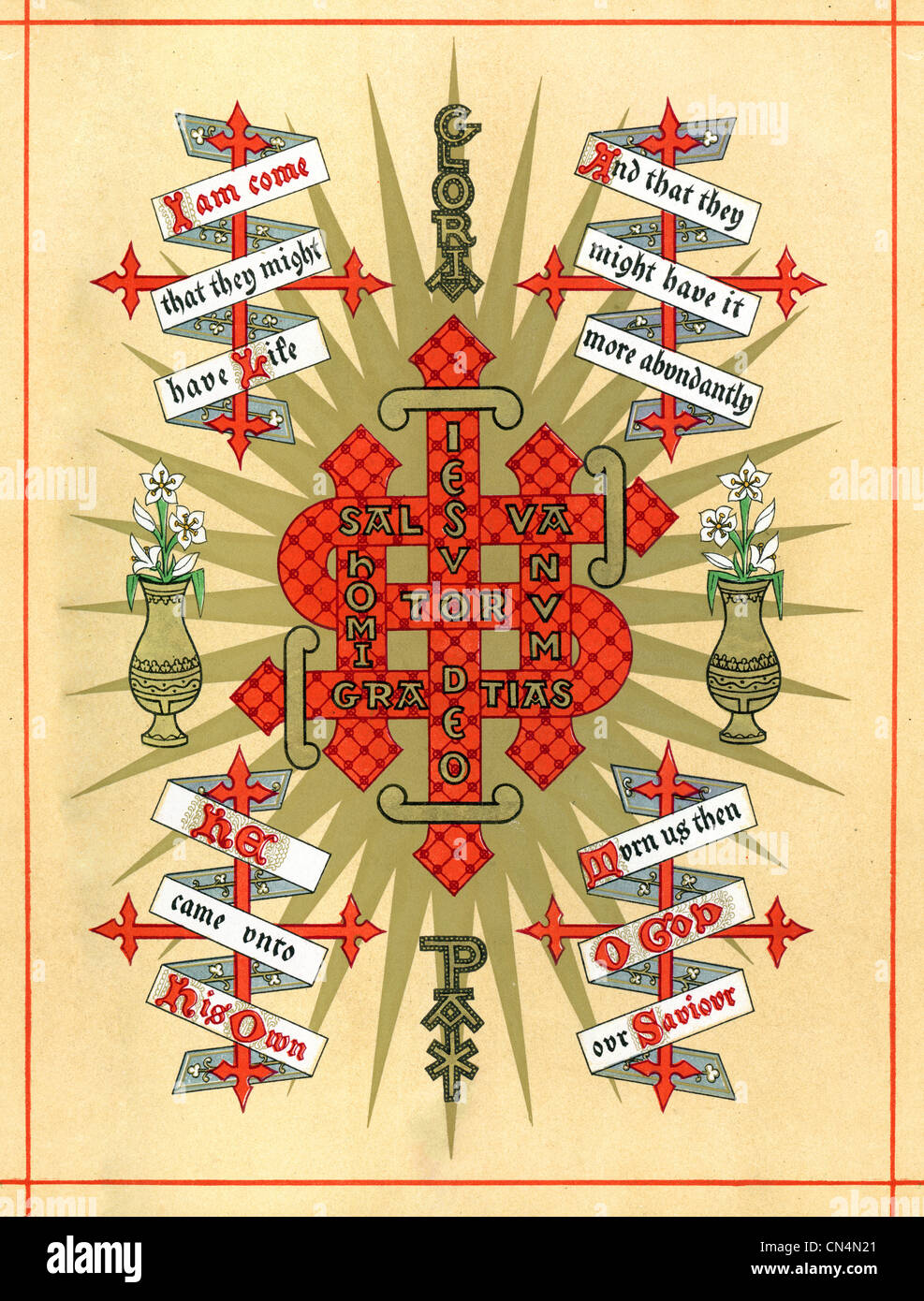 Simbolo illuminato raffigurante la festa di Natale. Il monogramma IHS è costituito da una contrazione del nome di Gesù in greco Foto Stock