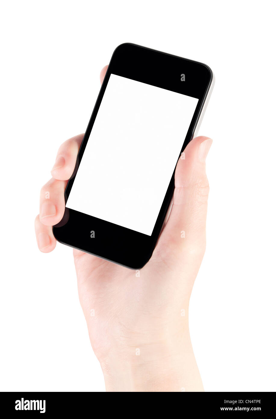 Mano azienda mobile smart phone con schermo vuoto. Isolato su bianco. Foto Stock