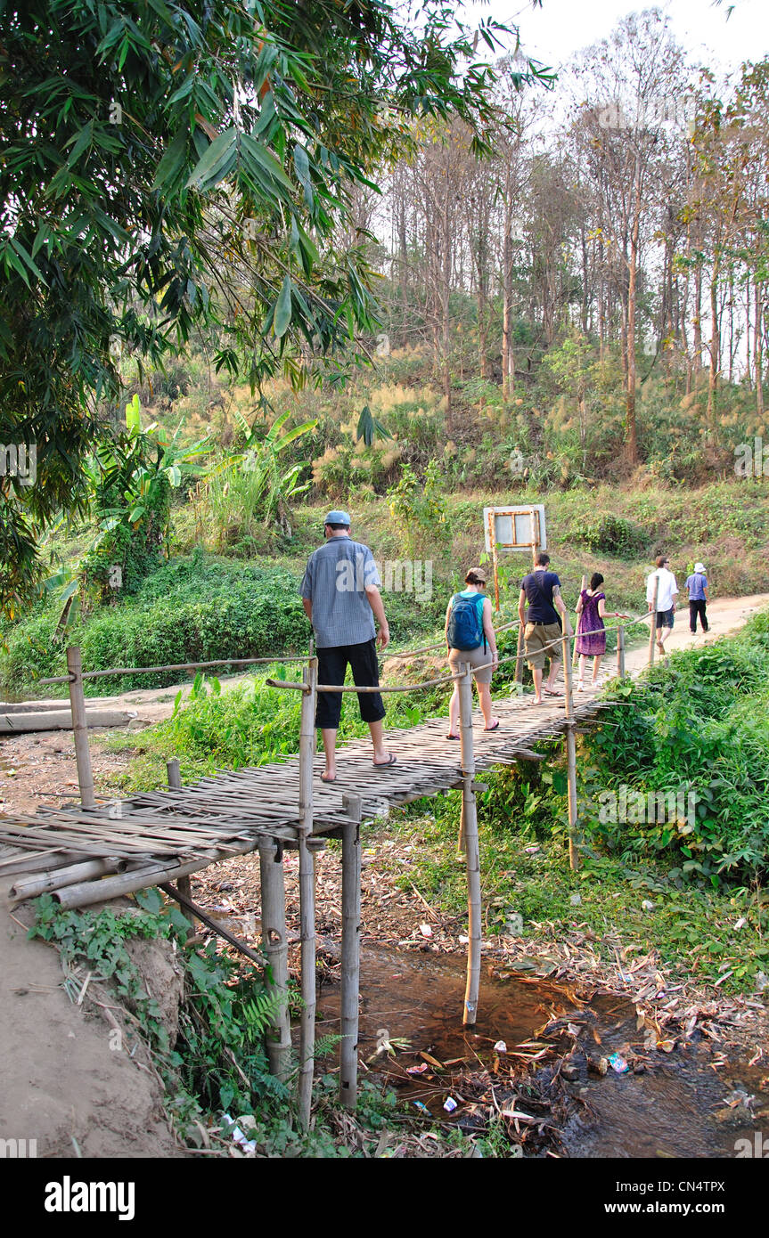 Ponte di bambù per Karen lungo collo hill tribe village, provincia di Chiang Rai, Thailandia Foto Stock