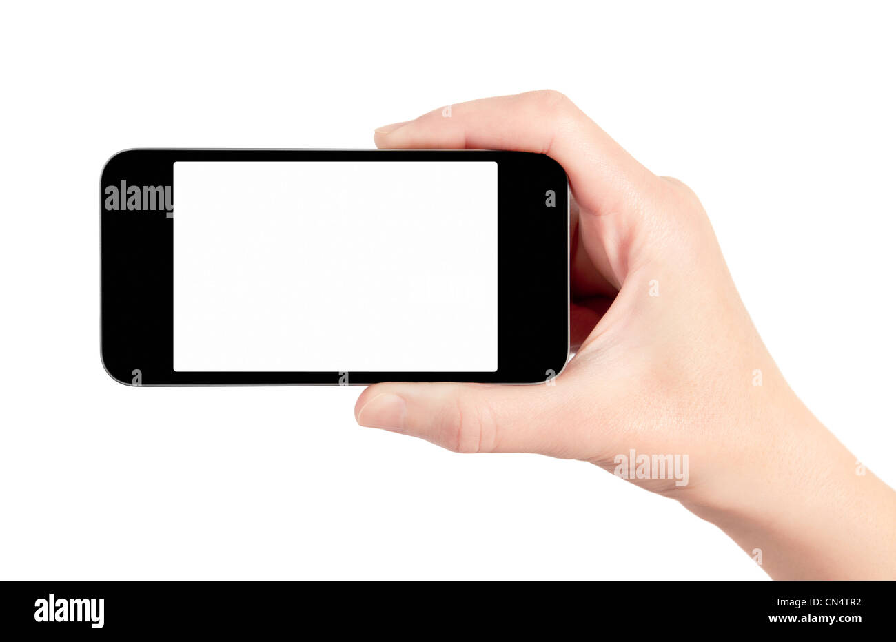 Mano azienda mobile smart phone con schermo vuoto. Isolato su bianco. Foto Stock