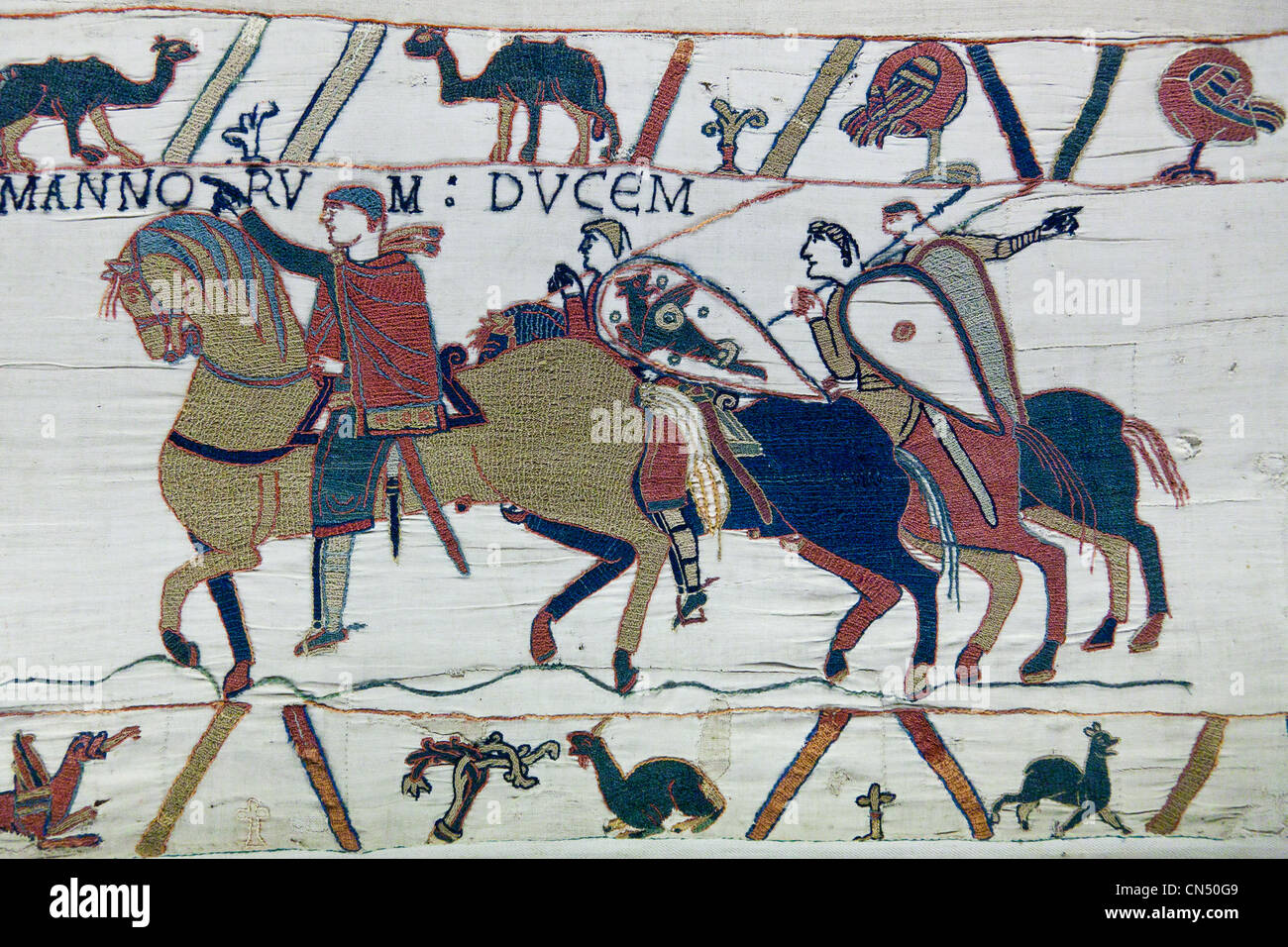 Francia, Calvados, Bayeux, museo della tappezzeria, arazzo di Bayeux, arazzo della Regina Matilde, elencato come memoria del mondo da Foto Stock