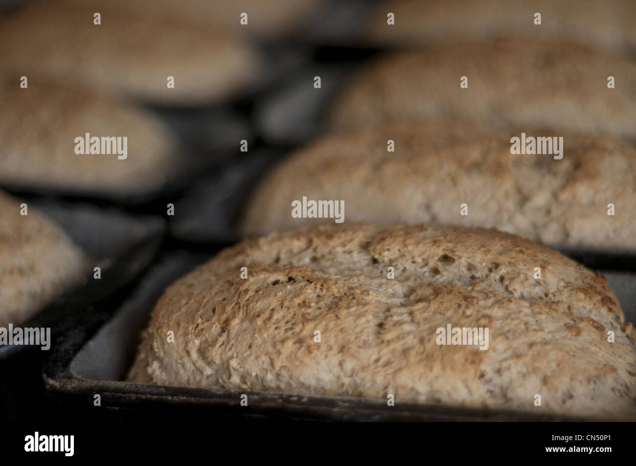 Organici di fiocchi d'avena, pane focaccia padelle. Foto Stock