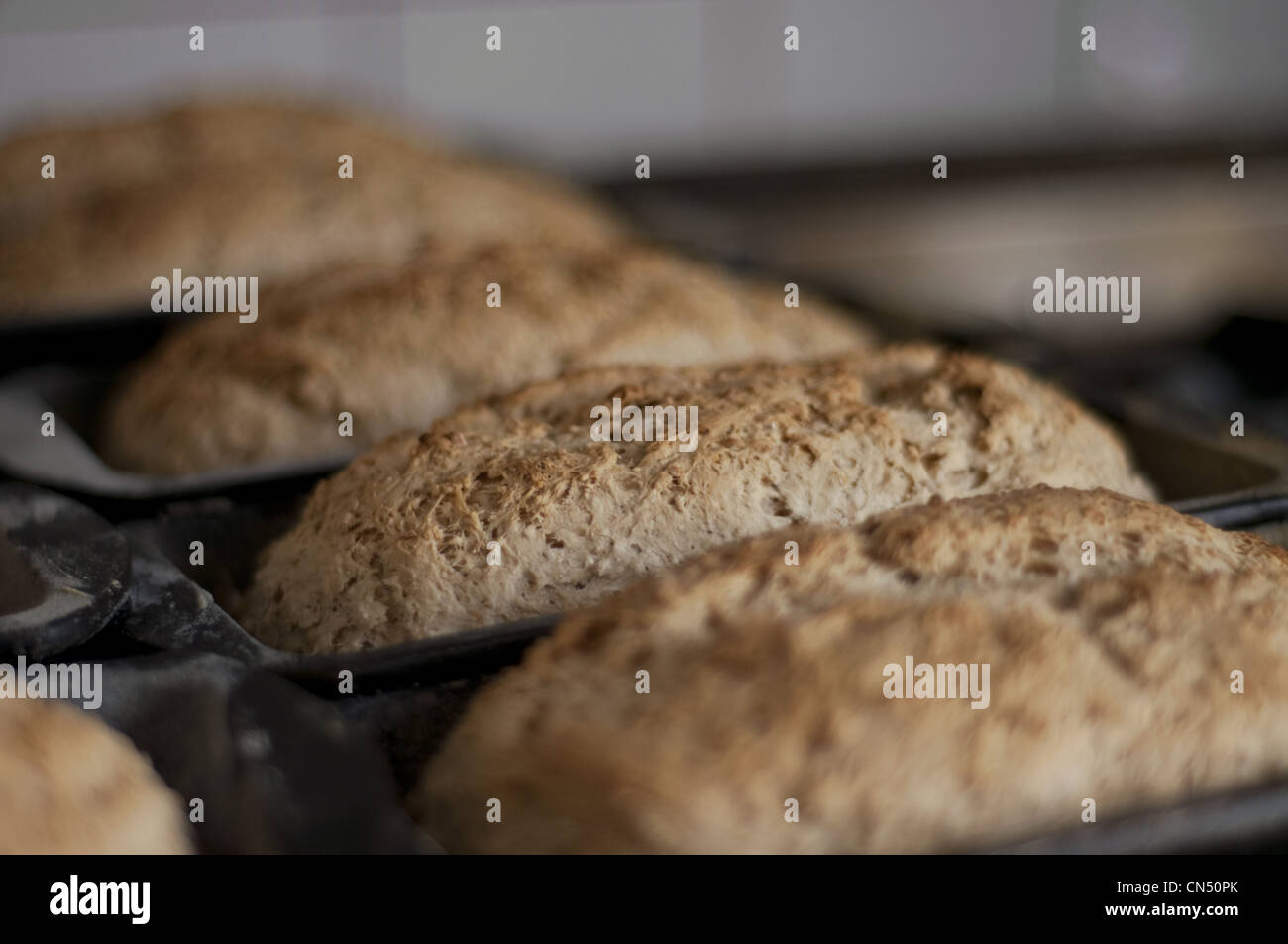 Organici di fiocchi d'avena, pane focaccia padelle. Foto Stock