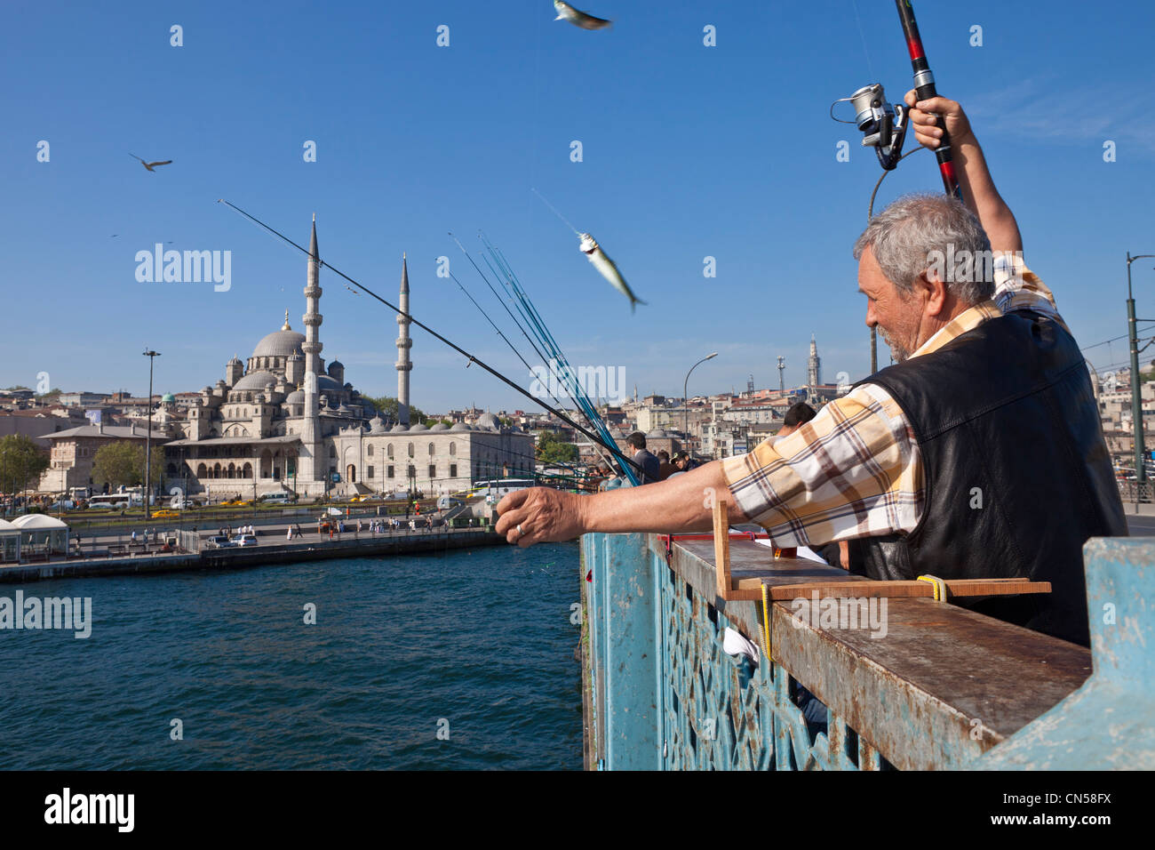 Turchia, Istanbul, stretto del Golden Horn, pescatori sul Ponte di Galata Foto Stock