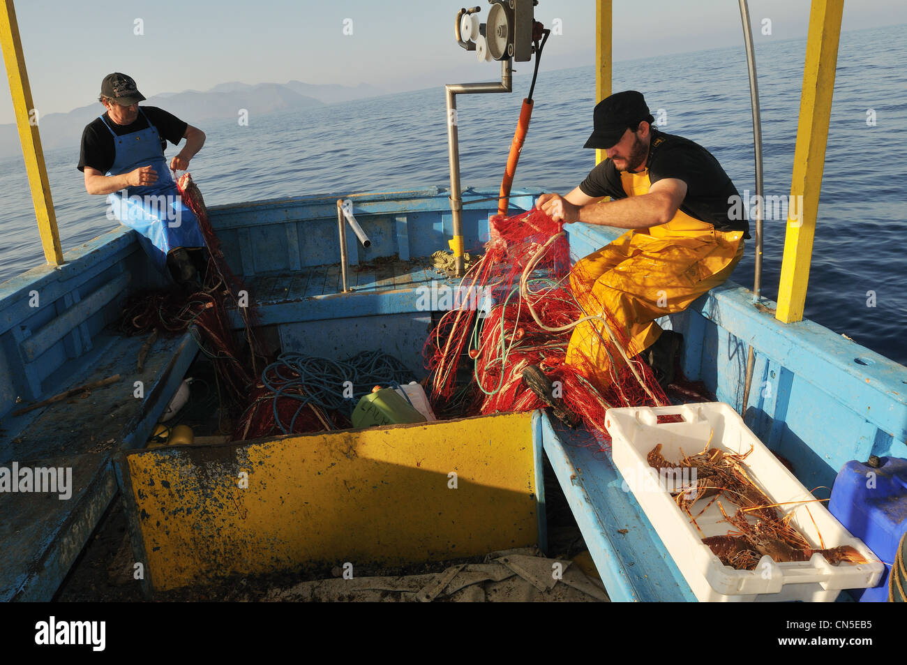 Francia, Haute Corse, Cap Corse, Centuri, il porto, Fernand Sker, pesca all'aragosta Foto Stock