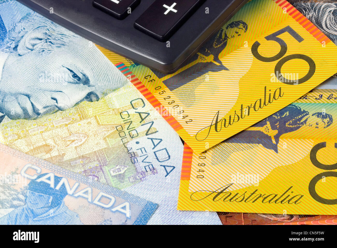 In Australia e in valuta Canadese coppia comunemente usati nel forex trading con la calcolatrice Foto Stock