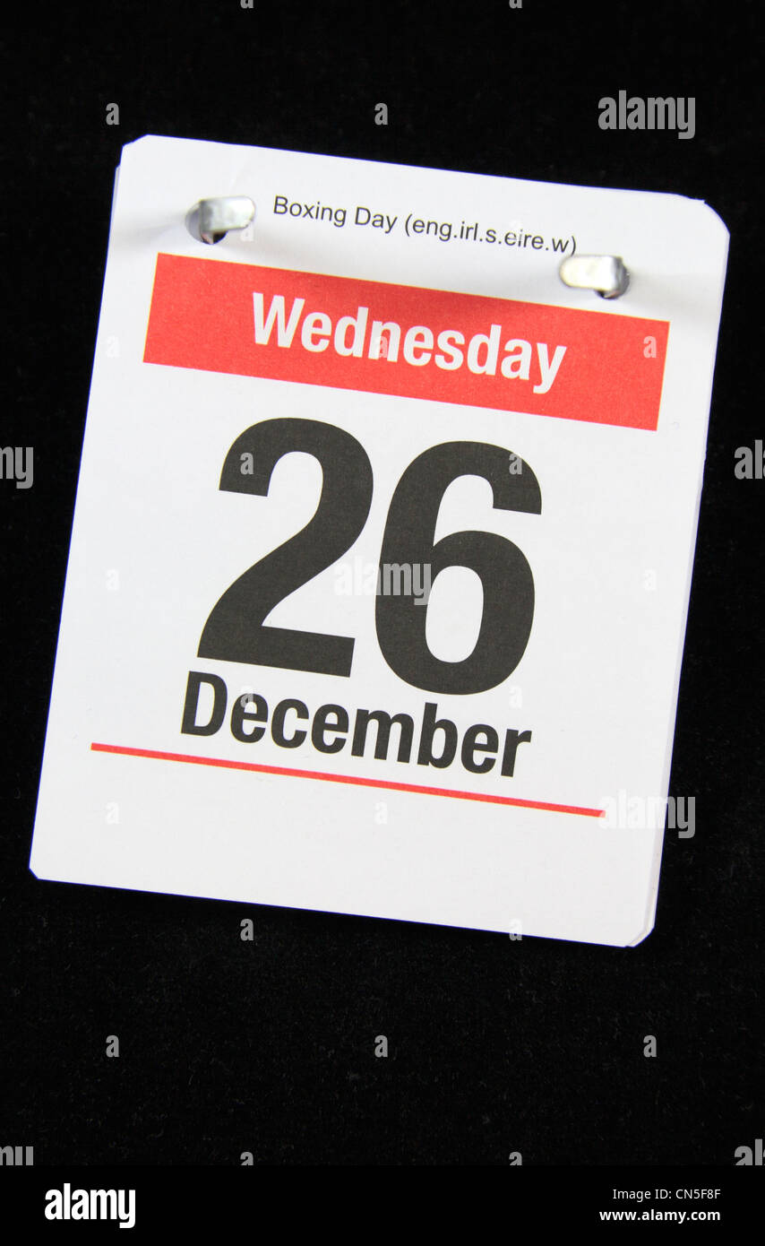 Piccola pagina di calandra per Mercoledì 26 Dicembre su uno sfondo nero. Foto Stock