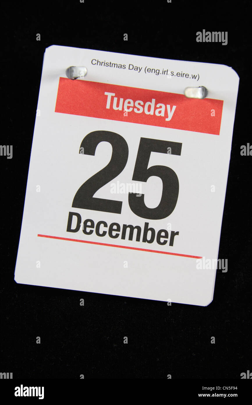 Piccola pagina di calandra per il giorno di Natale, 25 Dicembre su uno sfondo nero. Foto Stock