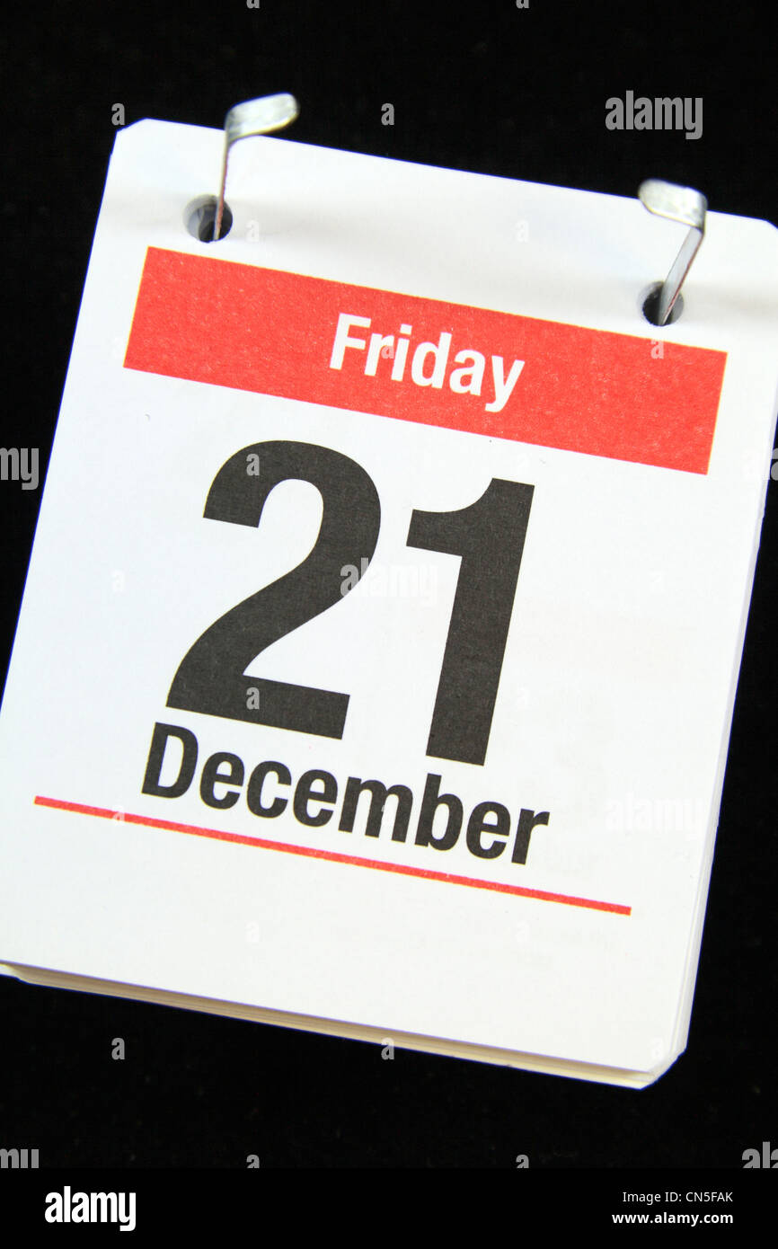 Piccola pagina di calandra per venerdì 21 dicembre 2012, su uno sfondo nero. Foto Stock