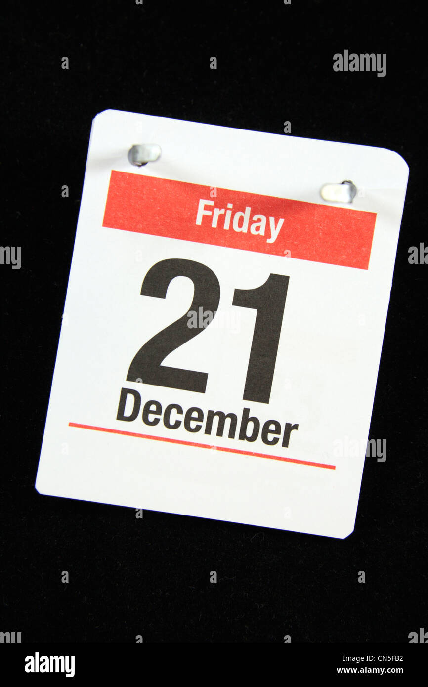 Piccola pagina di calandra per venerdì 21 dicembre 2012, su uno sfondo nero. Foto Stock