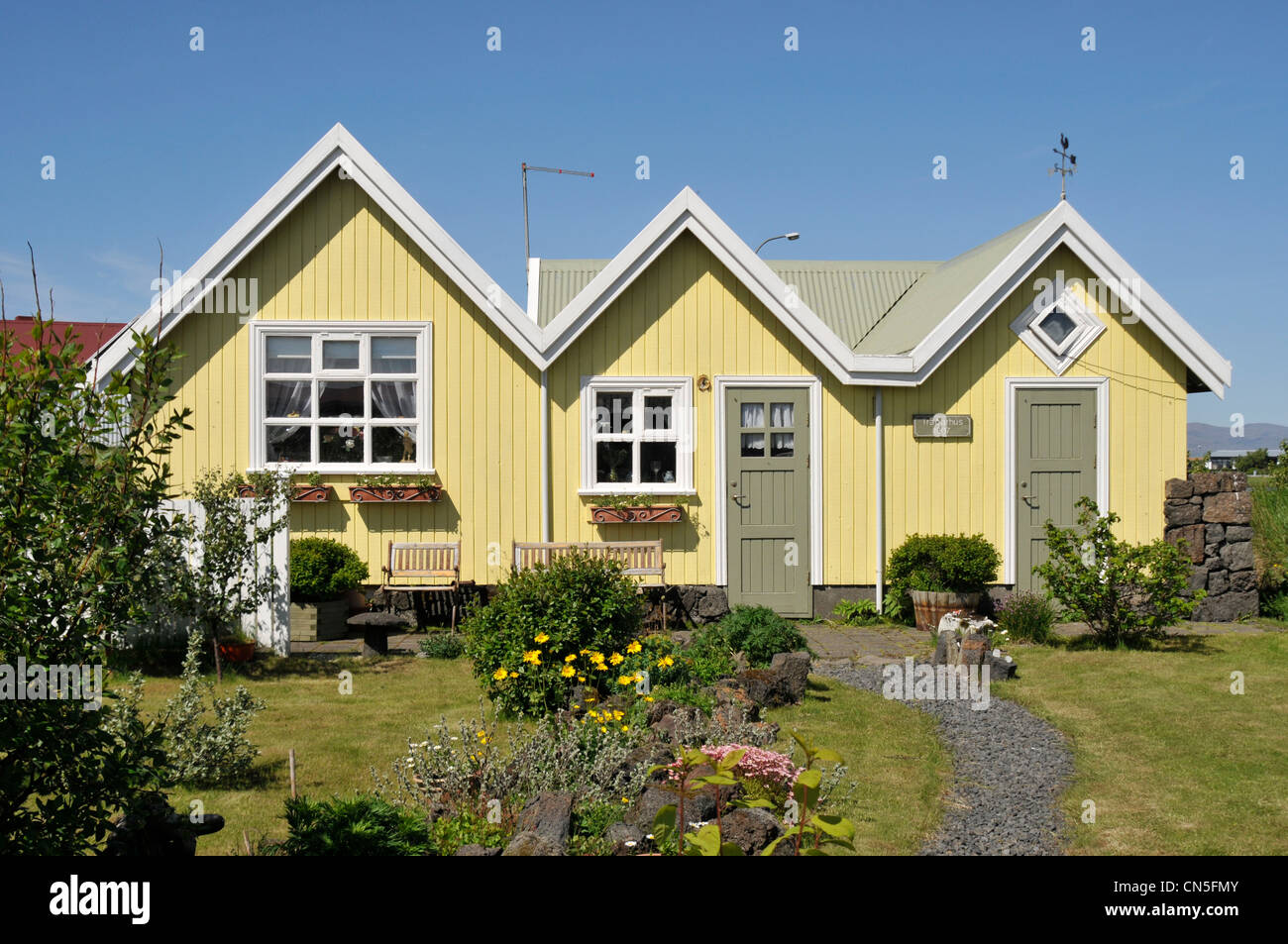 L'Islanda, Regione Sudurland, Eyrarbakki, case tradizionali Foto Stock