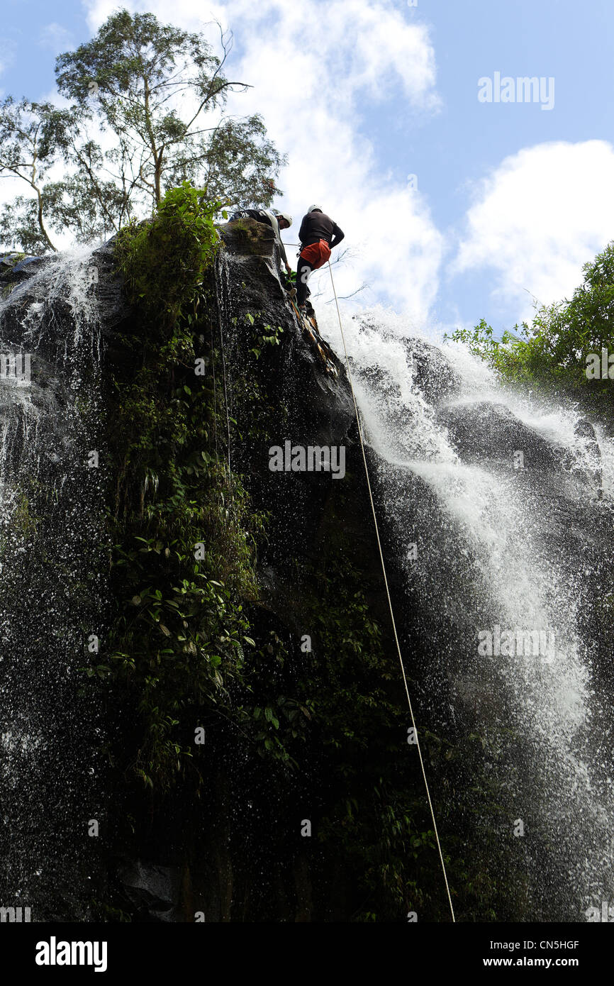 Uomo che discende un enorme cascata In ecuadoriana foresta di pioggia Foto Stock