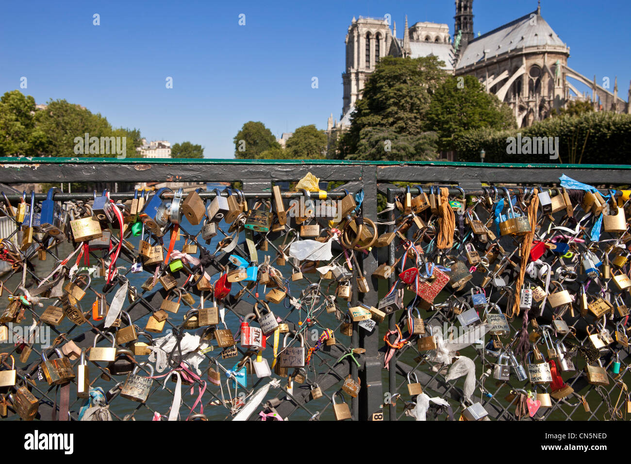 Francia, Parigi, west railling dell Arcidiocesi bridge, l'amore di serrature serrature sono di amare le coppie appendere su ponti e pubbliche Foto Stock
