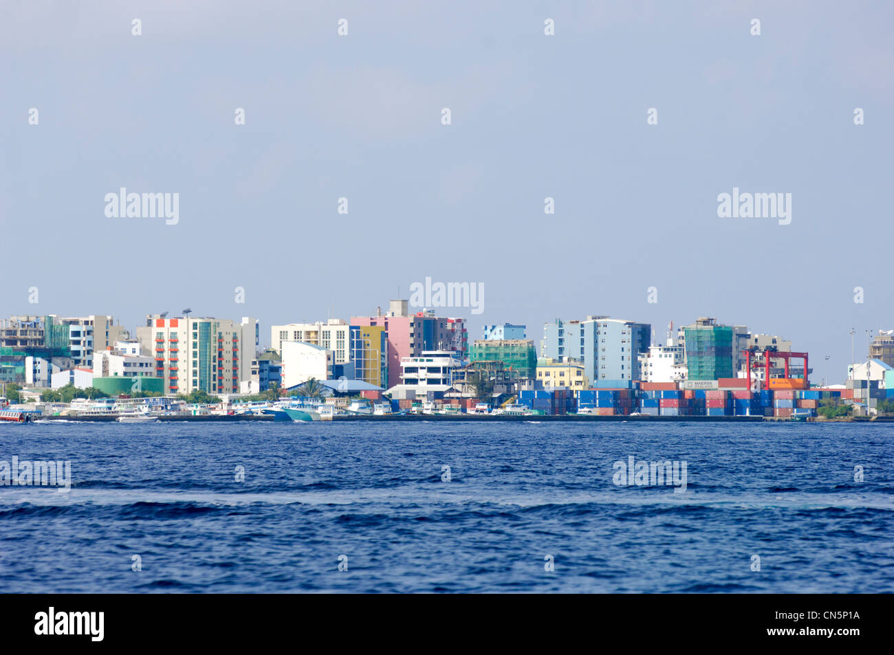 Maldive, North Male Atoll, Isola maschio, maschio, panoramica della città capitale Foto Stock
