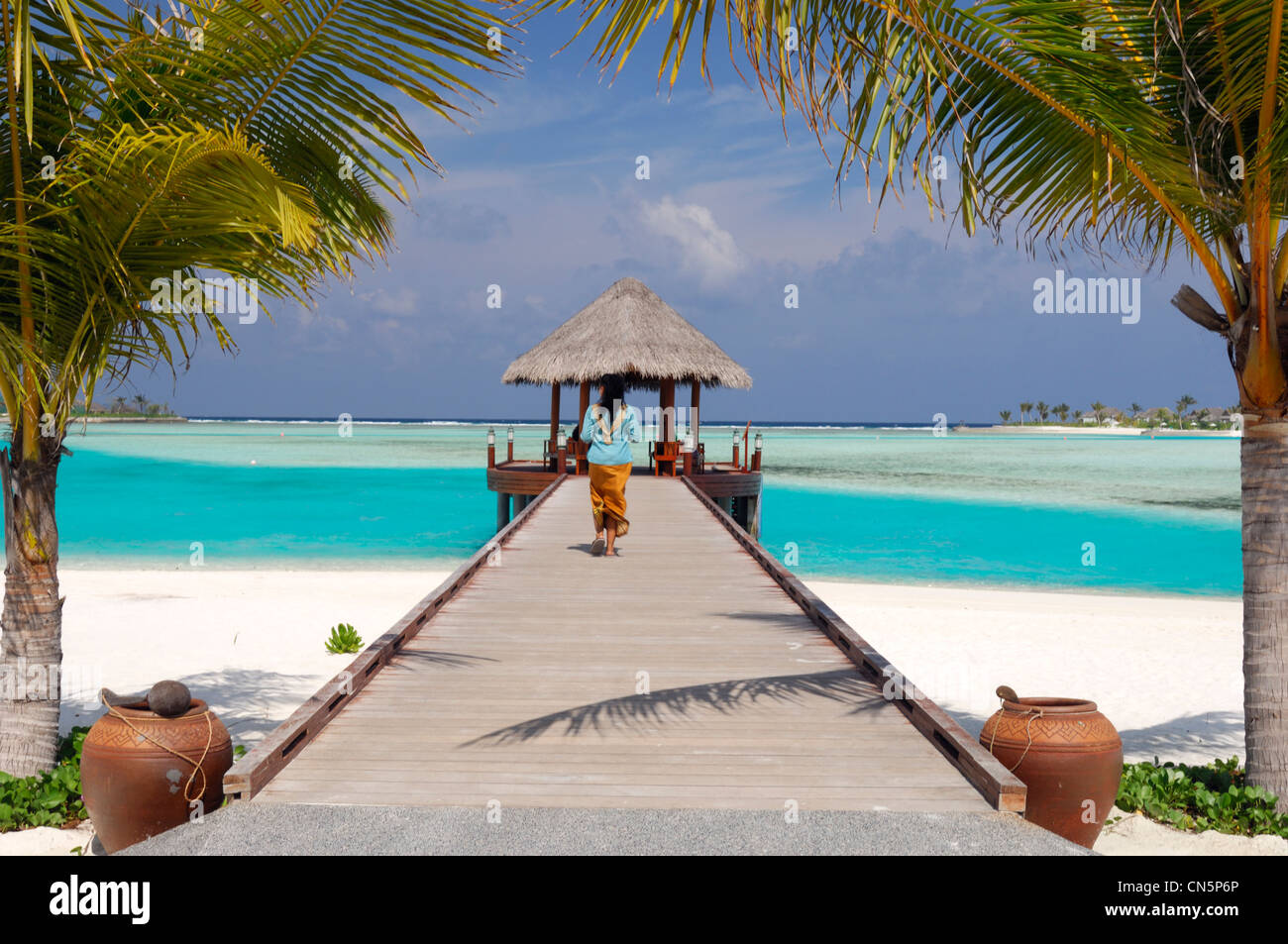 Maldive, South Male Atoll, Dhigu Island, Anantara Resort and Spa Hotel, pontoon in laguna e gli alberi di cocco Foto Stock