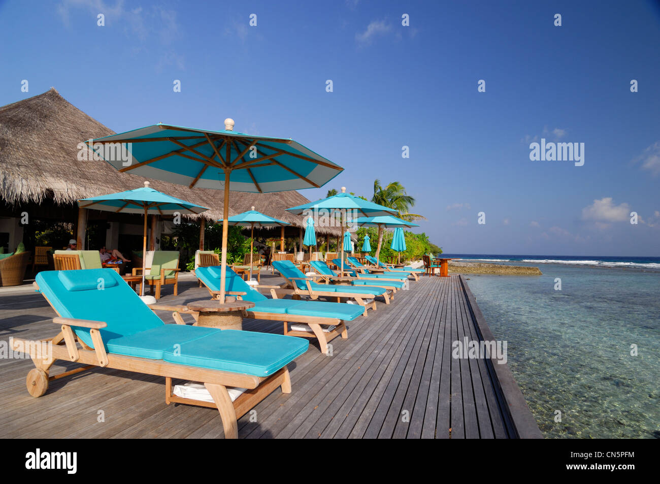 Maldive, South Male Atoll, Veligandu Island, Veli Resort and Spa Hotel, sedie e ombrelloni affacciata sull'Oceano Indiano Foto Stock