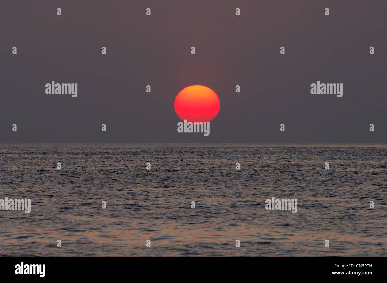 Maldive, North Male Atoll, Isola maschio, maschio, il tramonto sul mare Foto Stock