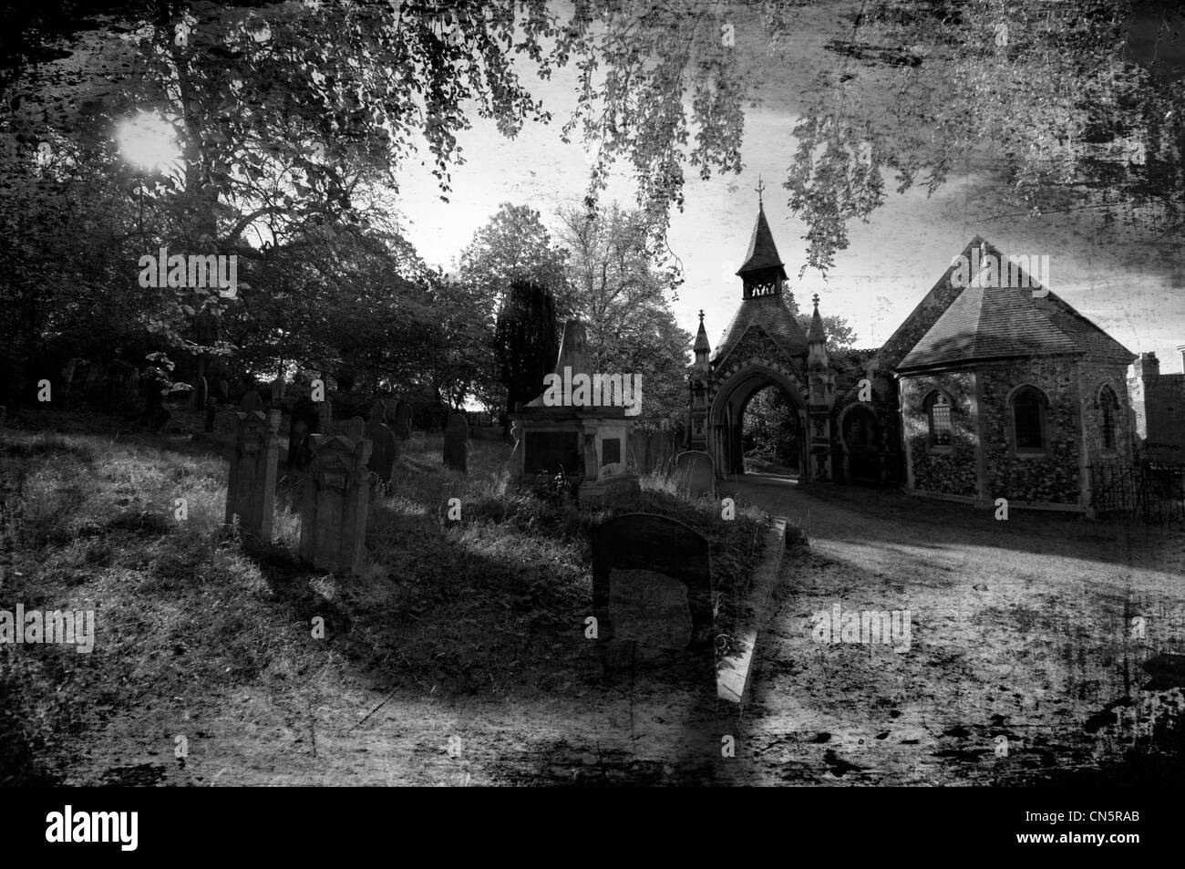 Cimitero Dickensian in bianco e nero a cura di guardare come la vecchia piastra di vetro fotografia Foto Stock