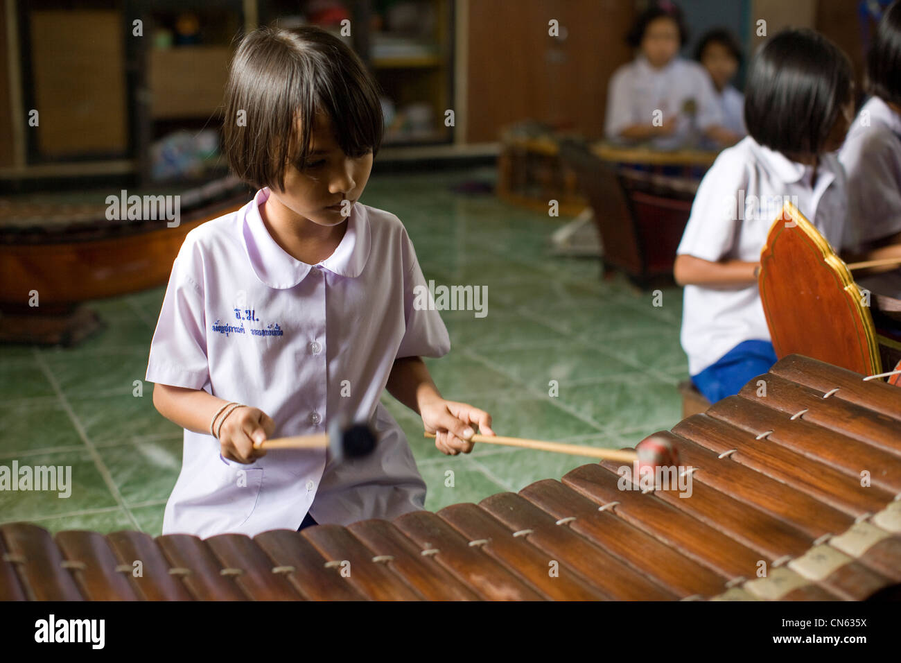 Upils prendendo parte a una Gamalan orchestra presso una scuola primaria. Songkhla, Thailandia Foto Stock