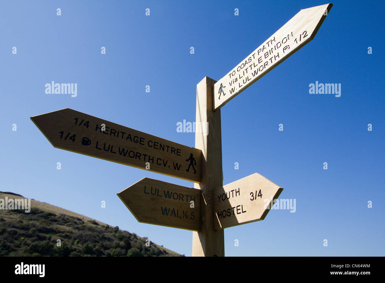 Cartelli di legno lulworth cove dorset Inghilterra Foto Stock