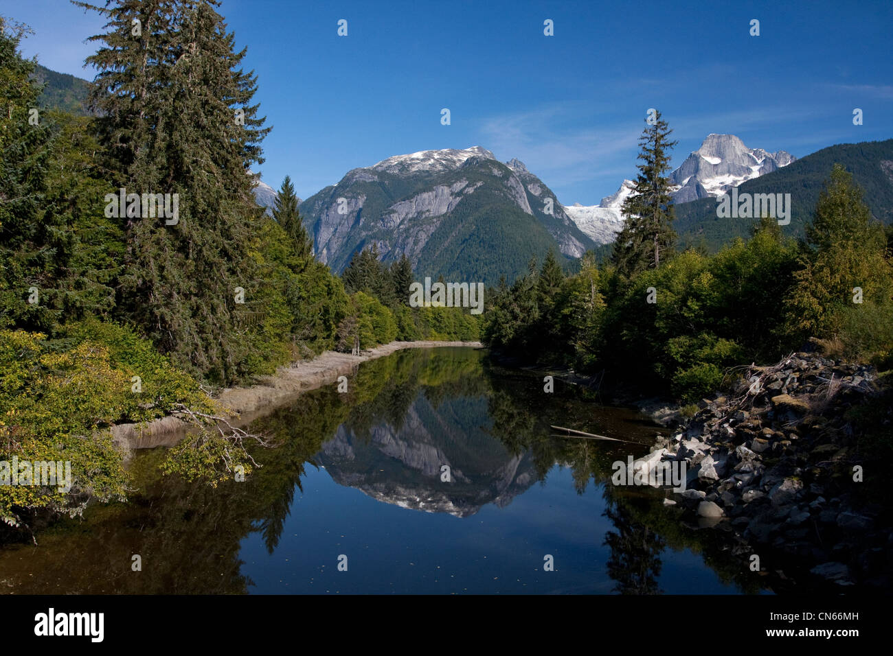 Fiume Homathko canale laterale con Mt. Bute, BC, Canada in background in settembre. Foto Stock