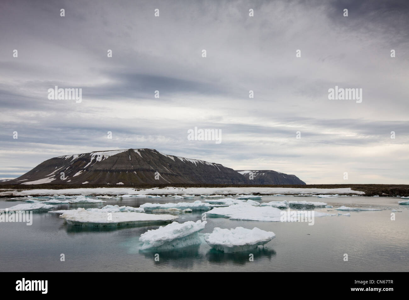 Norvegia Isole Svalbard Edgeoya, isola, mare di ghiaccio e montagne lungo Habenichtbukta Bay Foto Stock