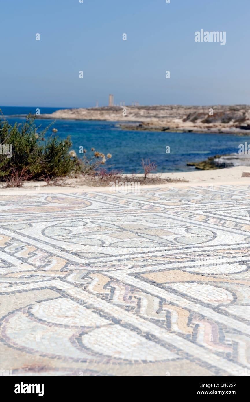 Sabratha. La Libia. Vista degli splendidi mosaici del Seaward vasche che si affaccia sul mare e risale alla fine del primo Foto Stock